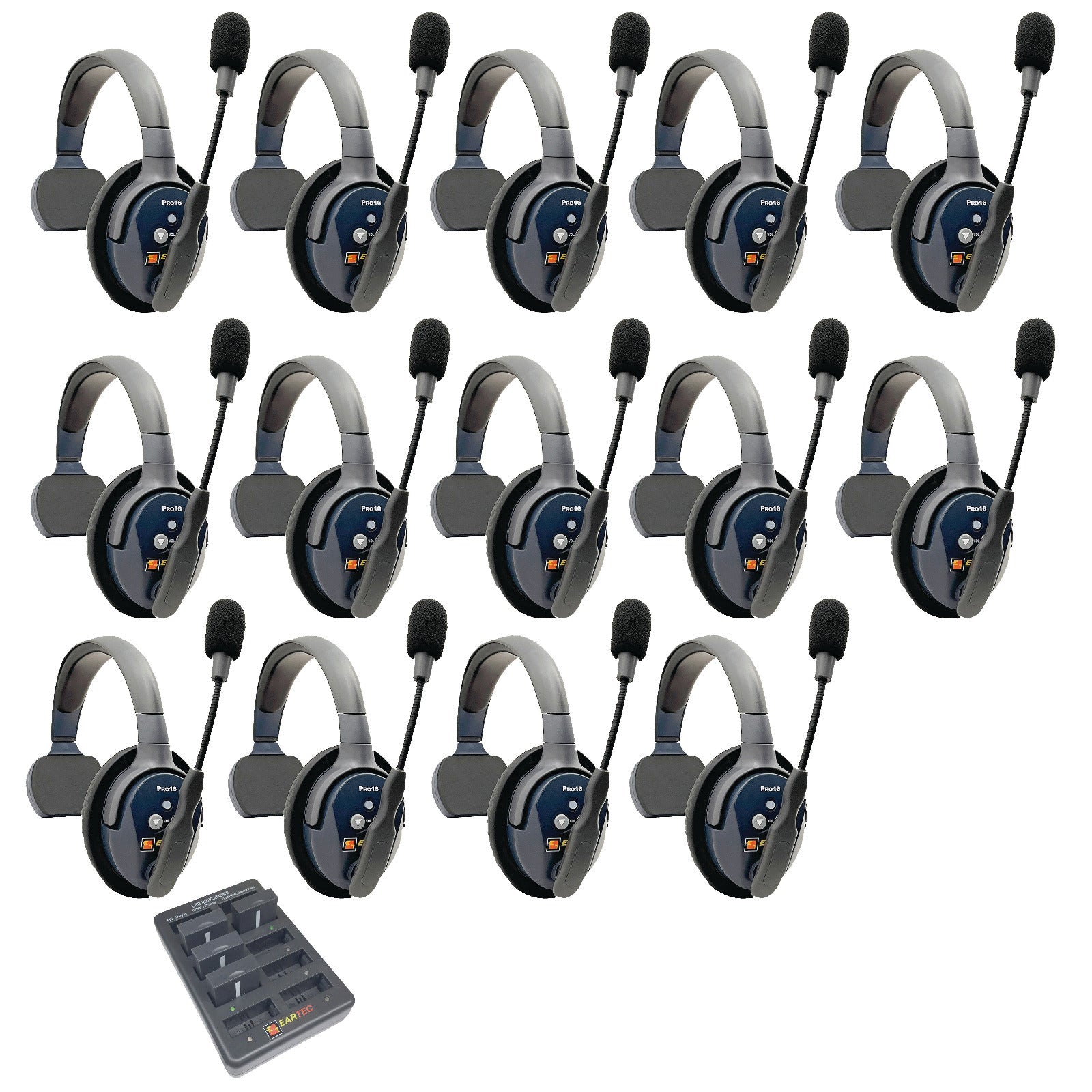 Eartec UltraLITE PRO16 Wireless Intercom System 14 Users ETP14S — fourteen wireless communication headsets single sided with microphones arranged in a grid on a white background